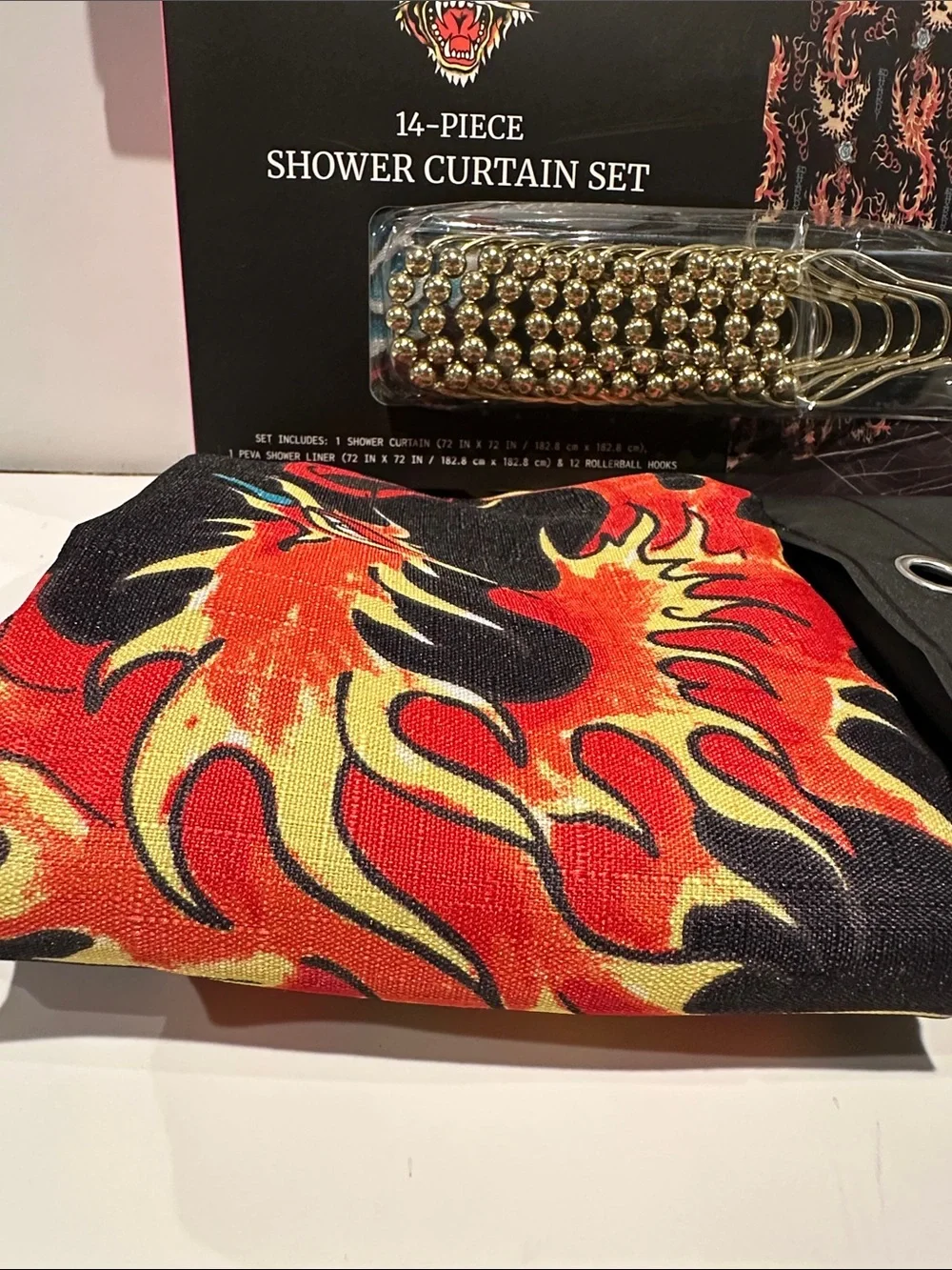NWT Ed Hardy Blazing Flames (14) Piece Shower Curtain Set with Fabric/Plastic.